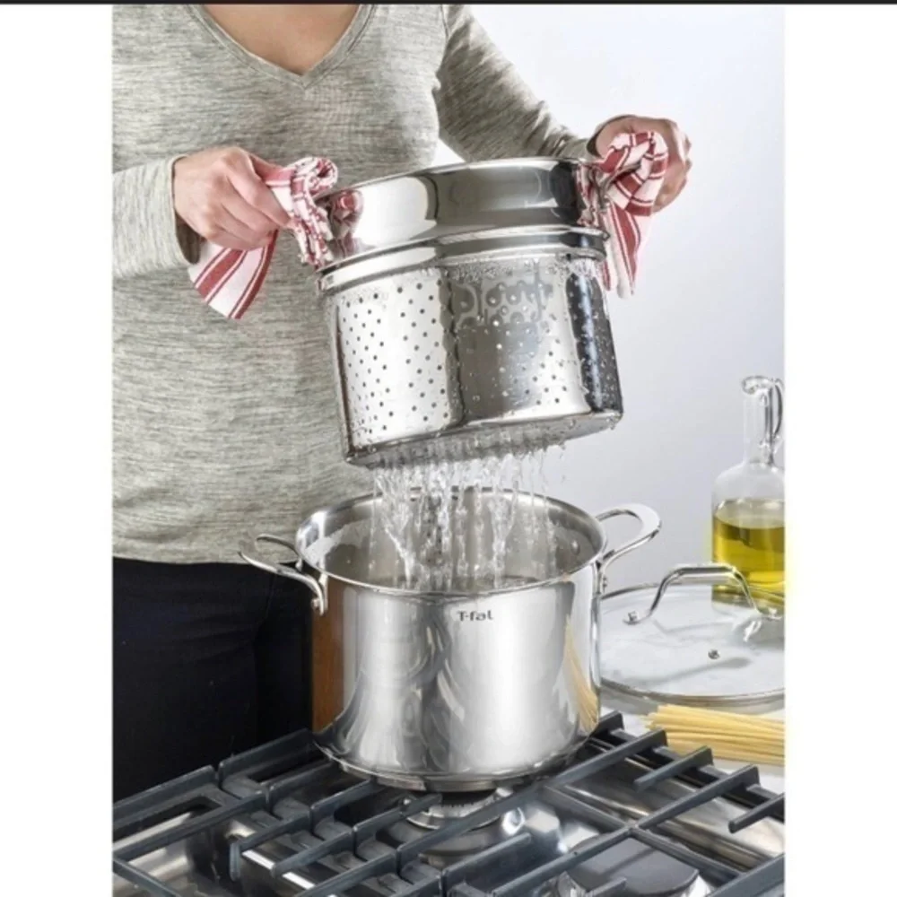 - T-FAL SIMPLY COOK STAINLESS STEEL 7 QT COVERED STOCK POT WITH PASTA INSERT